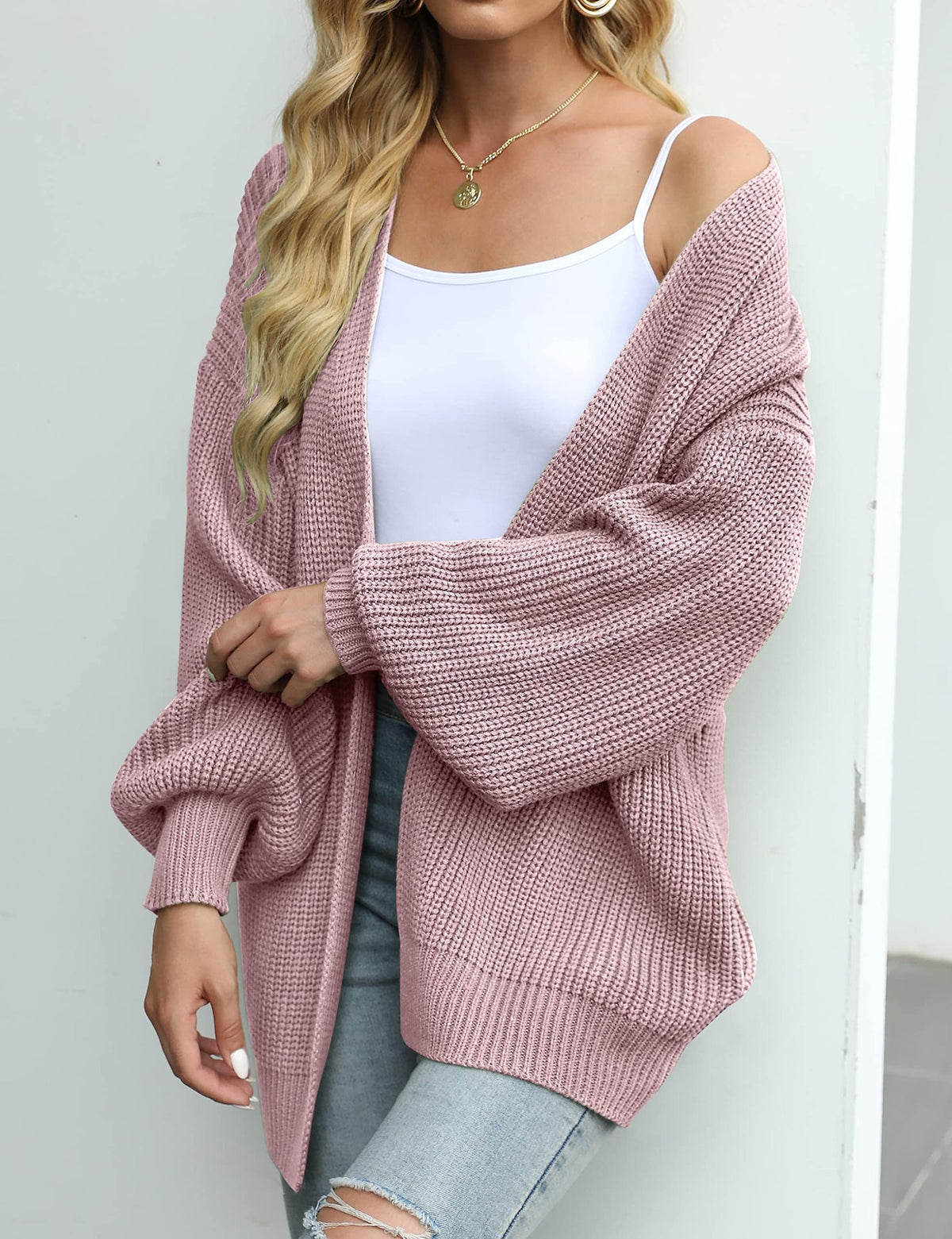 Balloon Sleeve Ribbed Open Front Cardigan - Pink