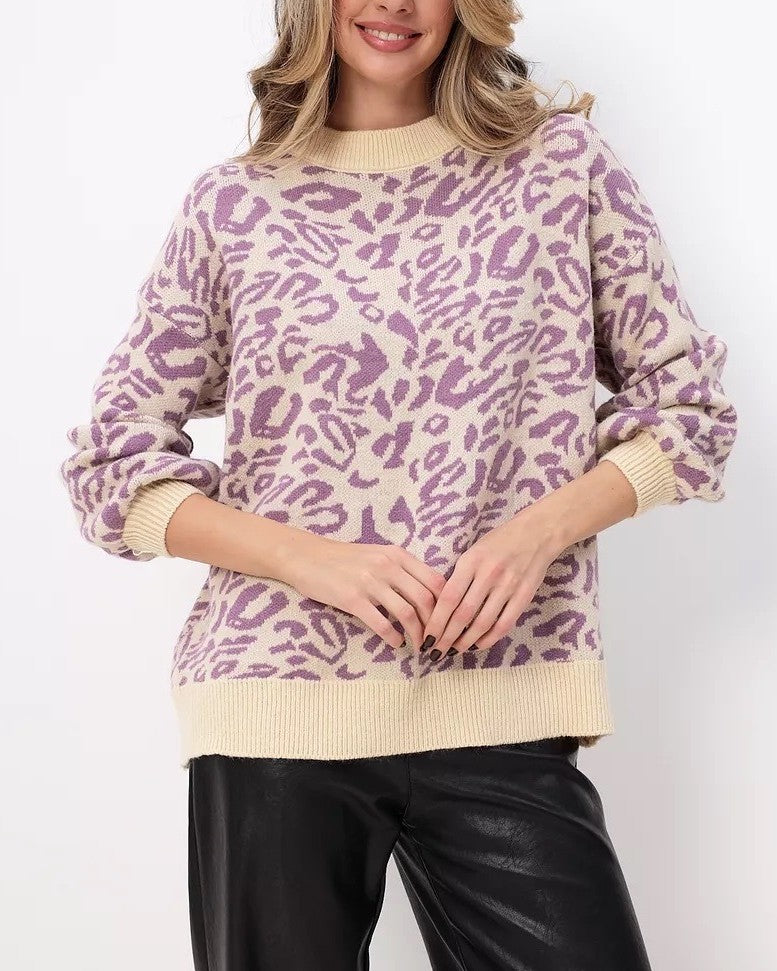Animal Print Lantern Sleeve Knit Sweater - Violet