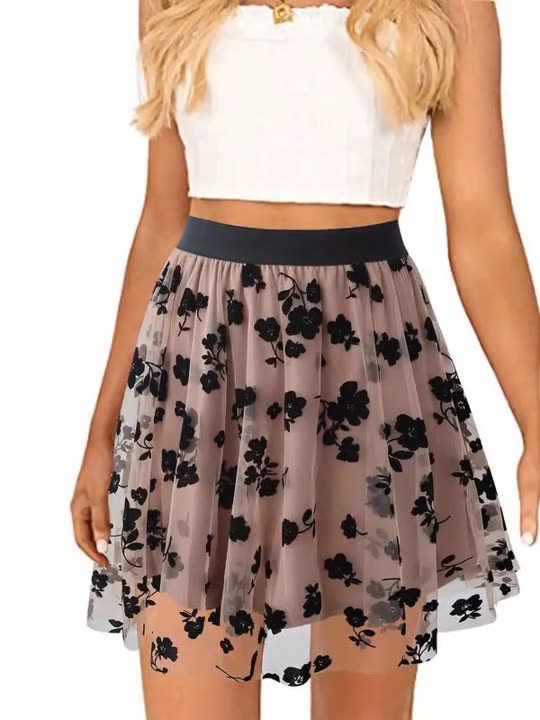 Flocked Floral Mesh A-Line Mini Skirt