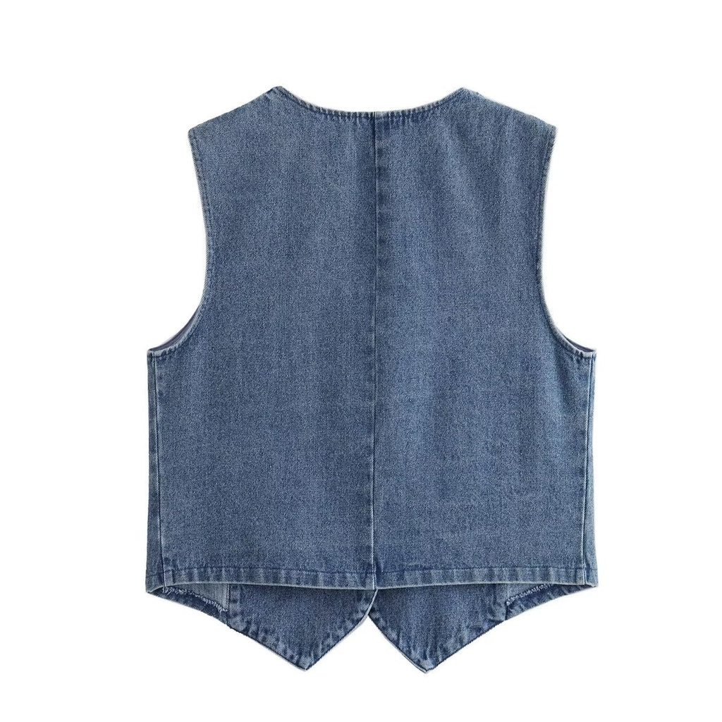 Cropped Denim Vest With Pointed Hem - Blue - 1