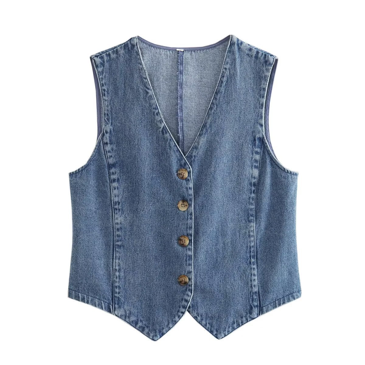 Cropped Denim Vest With Pointed Hem