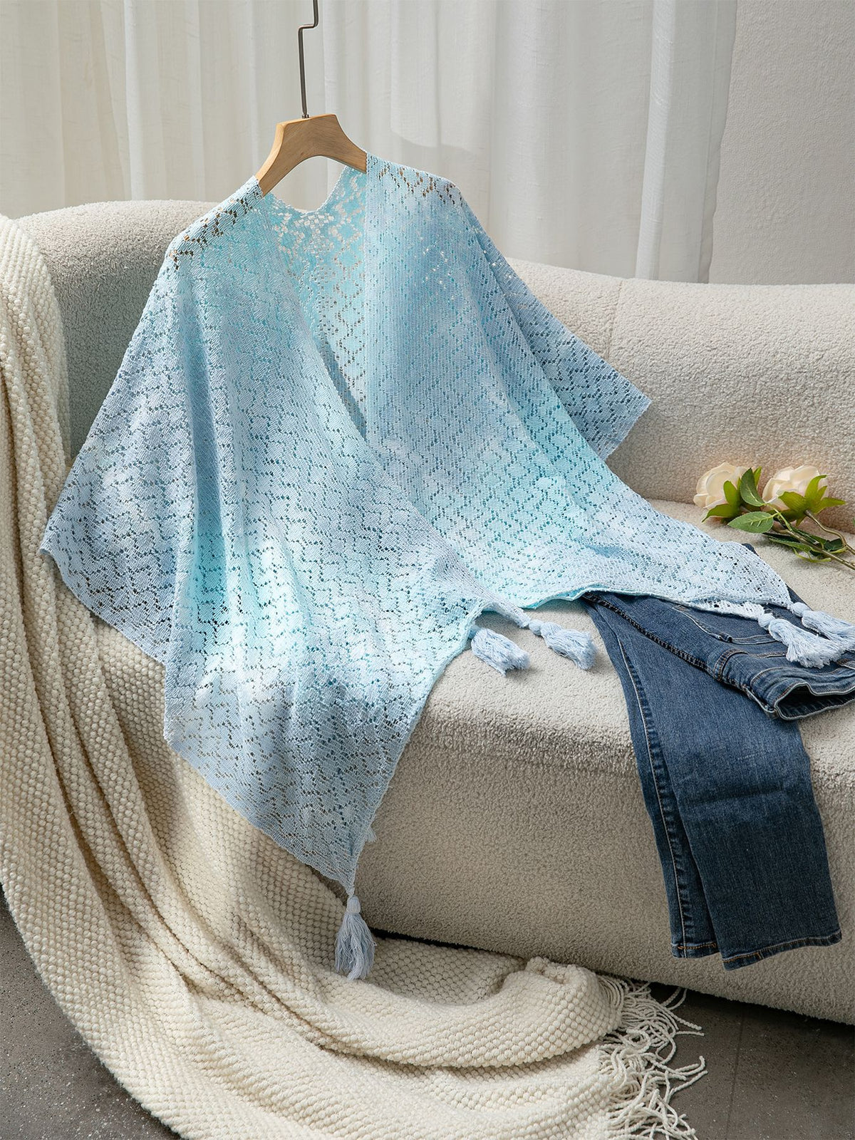 Ombre Knit Cape Beach Cover Up - Blue