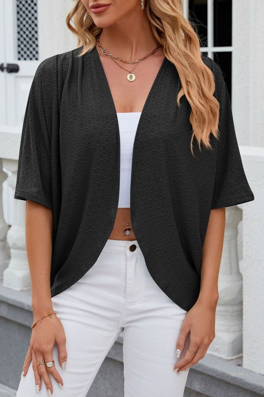 Eyelet Knit Open Front Beach Cover Up - Black - 2