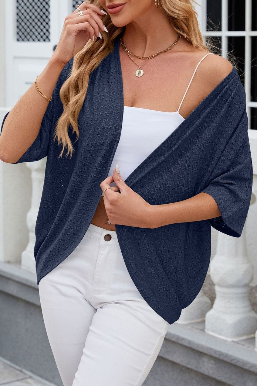 Eyelet Knit Open Front Beach Cover Up - Navy