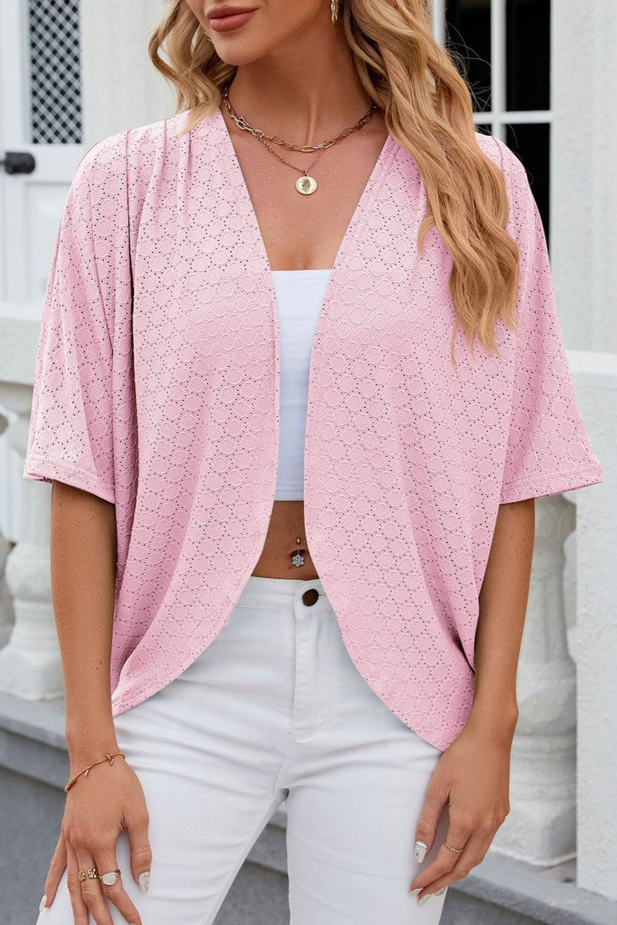 Eyelet Knit Open Front Beach Cover Up - Pink - 1
