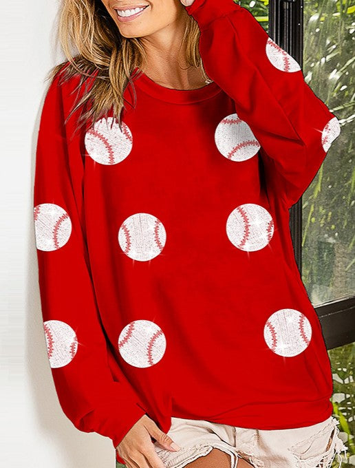 Sequin Baseball Patch Oversized Sweatshirt - Red