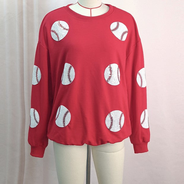 Sequin Baseball Patch Oversized Sweatshirt - Red - 1