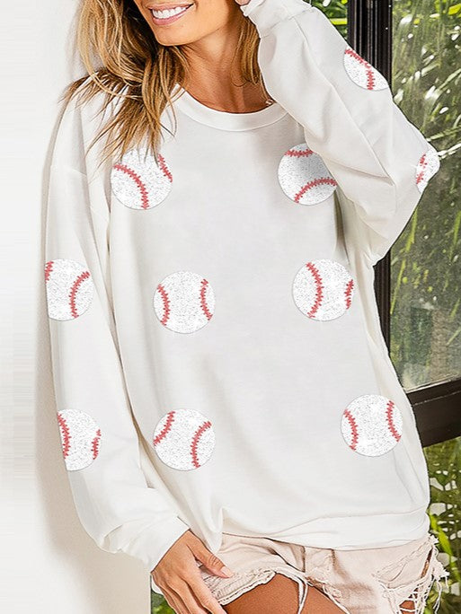 Sequin Baseball Patch Oversized Sweatshirt - White