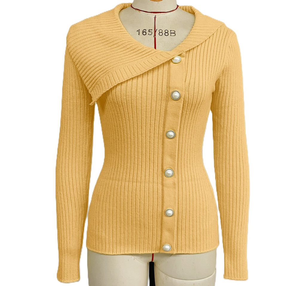 Pearl Button Asymmetric Collar Ribbed Sweater - Yellow