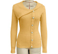 Pearl Button Asymmetric Collar Ribbed Sweater - Yellow