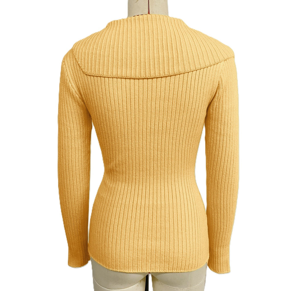 Pearl Button Asymmetric Collar Ribbed Sweater - Yellow - 1