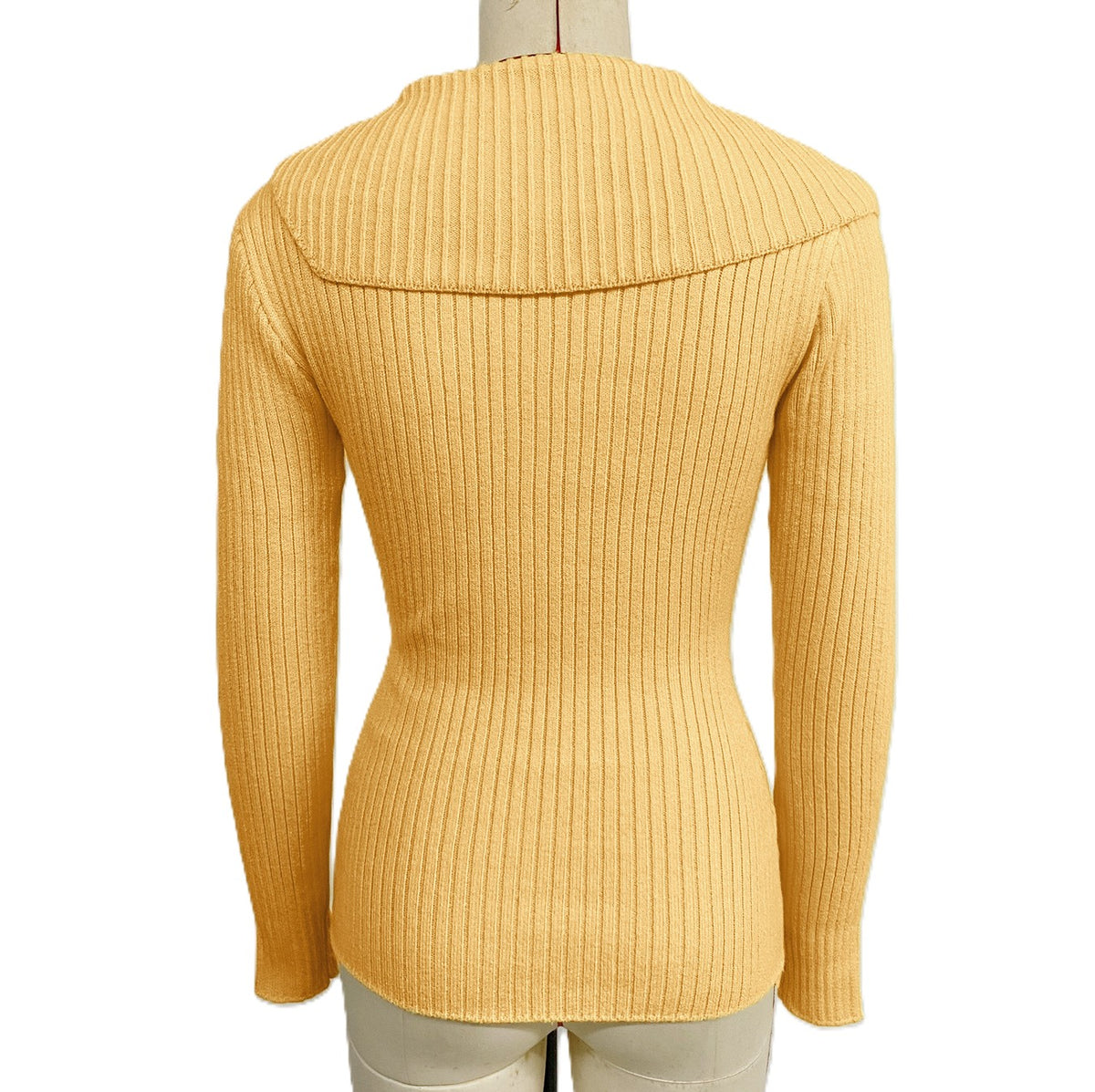 Pearl Button Asymmetric Collar Ribbed Sweater - Yellow - 1