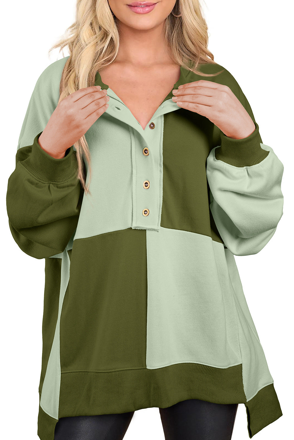 Oversized Colorblock Patchwork Henley Sweatshirt - Green