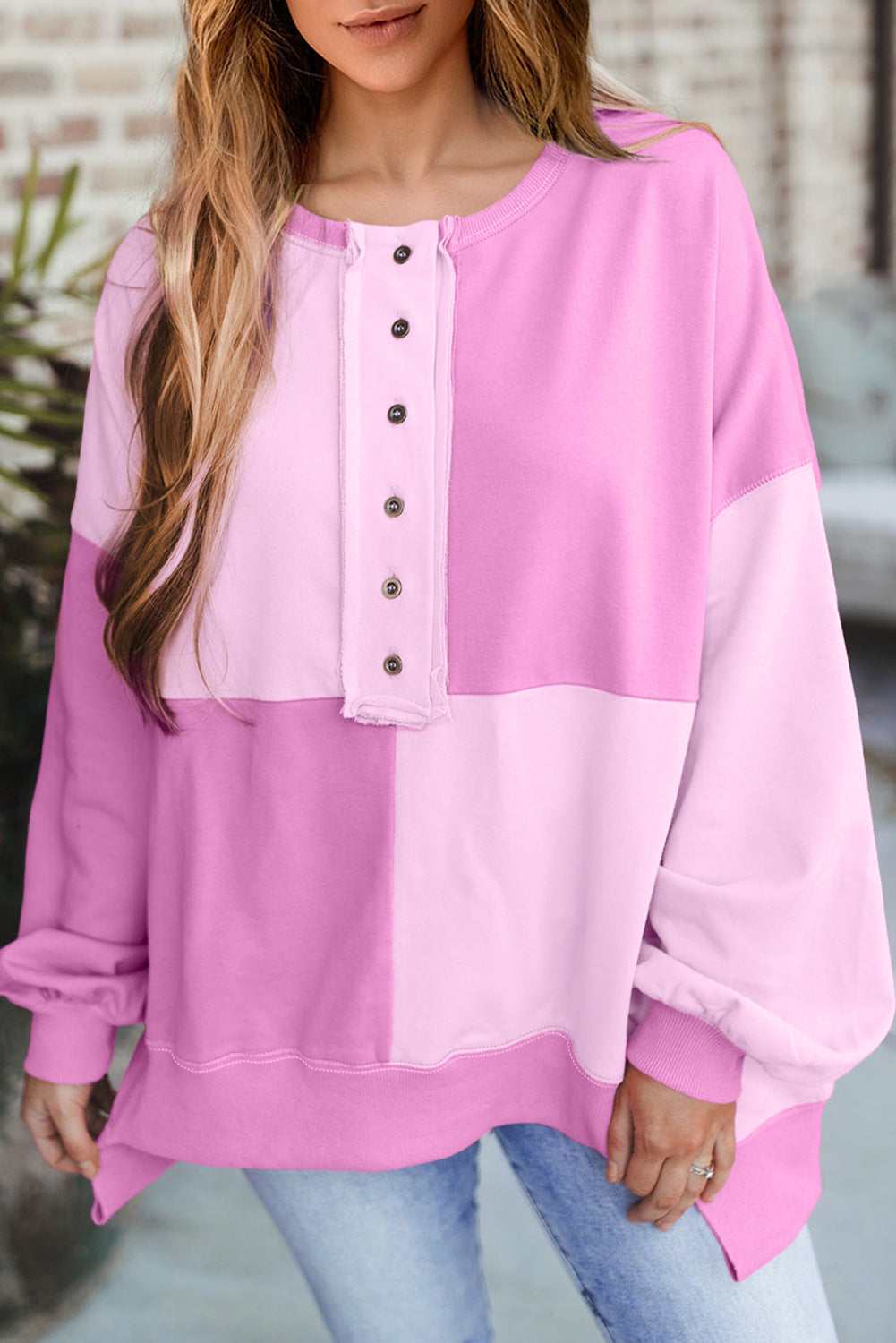 Oversized Colorblock Patchwork Henley Sweatshirt - Pink
