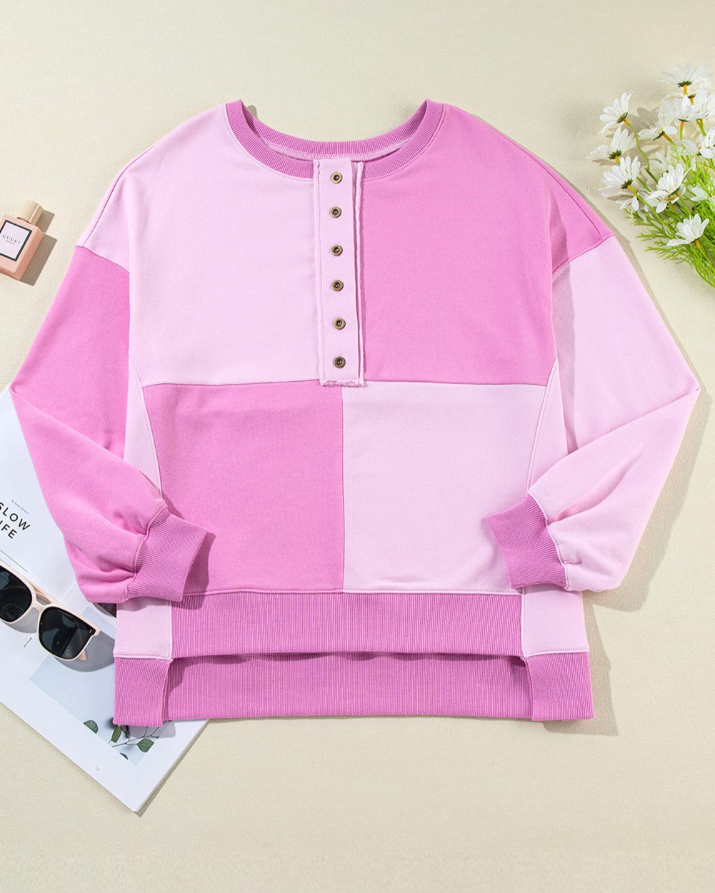 Oversized Colorblock Patchwork Henley Sweatshirt - Pink - 1