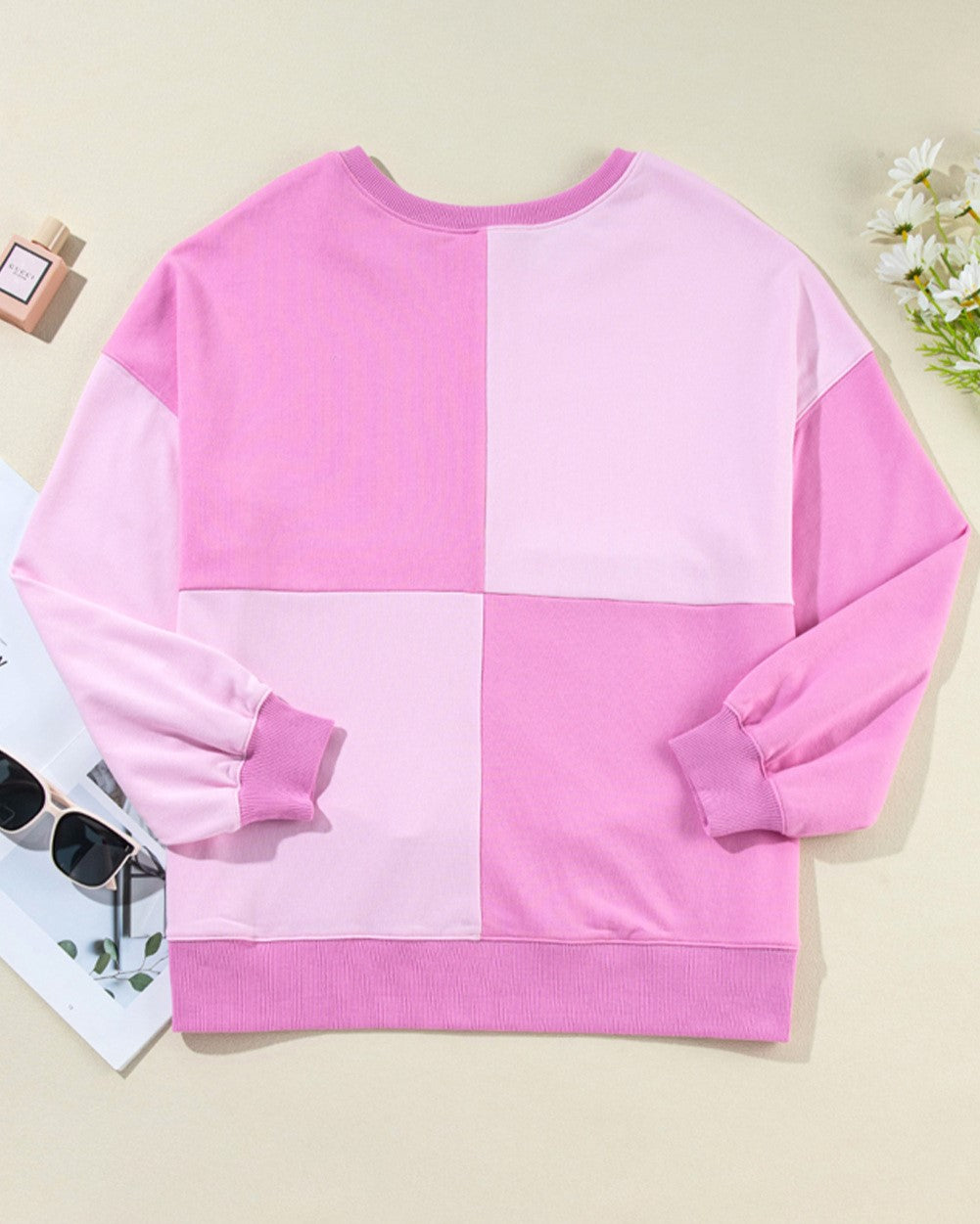 Oversized Colorblock Patchwork Henley Sweatshirt - Pink - 2