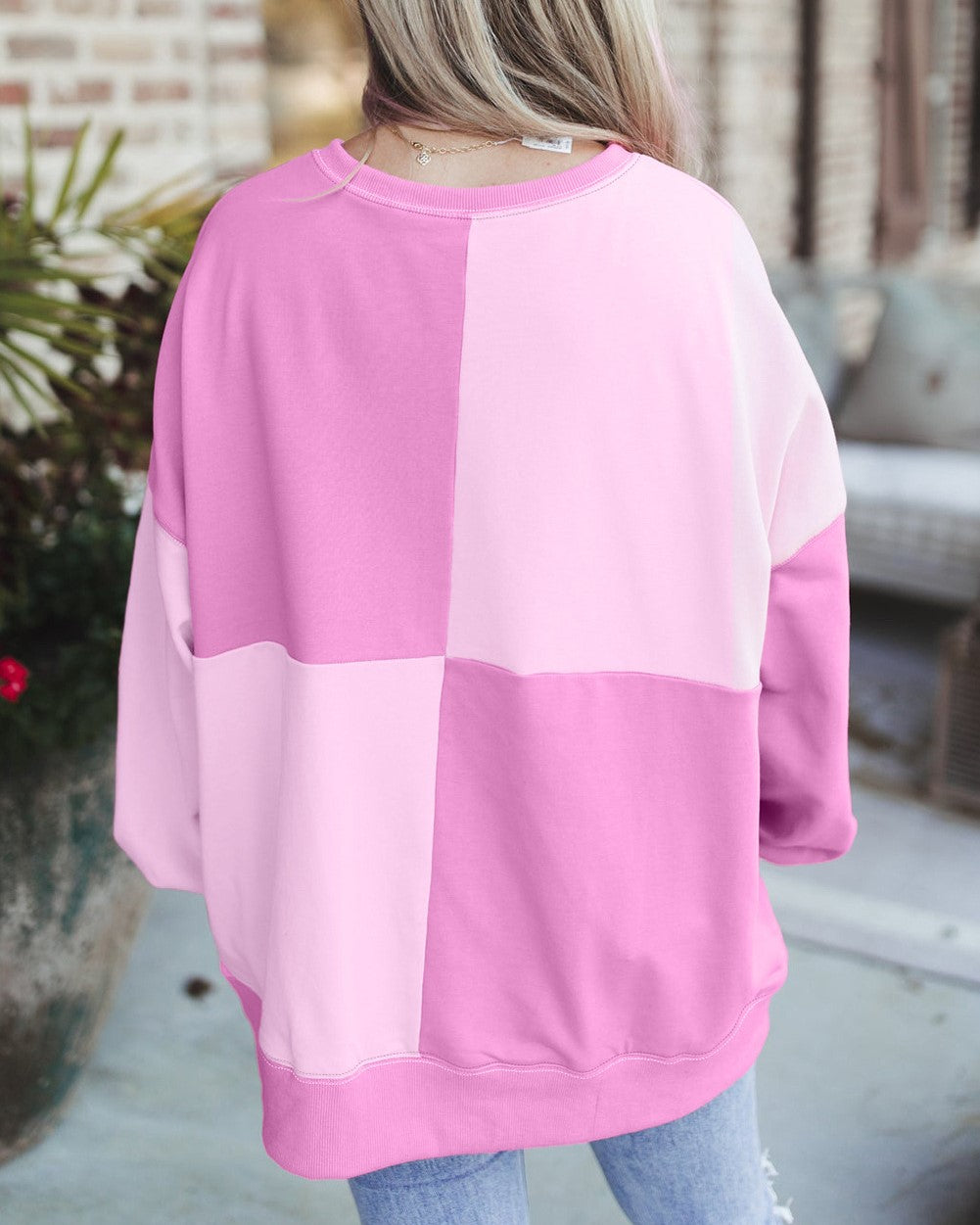 Oversized Colorblock Patchwork Henley Sweatshirt - Pink - 3