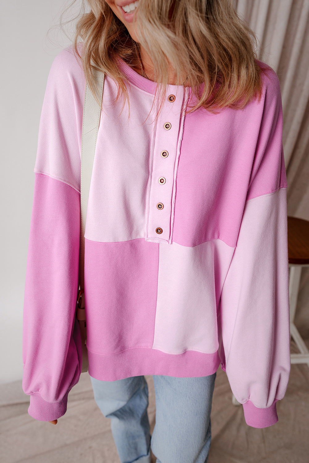 Oversized Colorblock Patchwork Henley Sweatshirt - Pink - 4