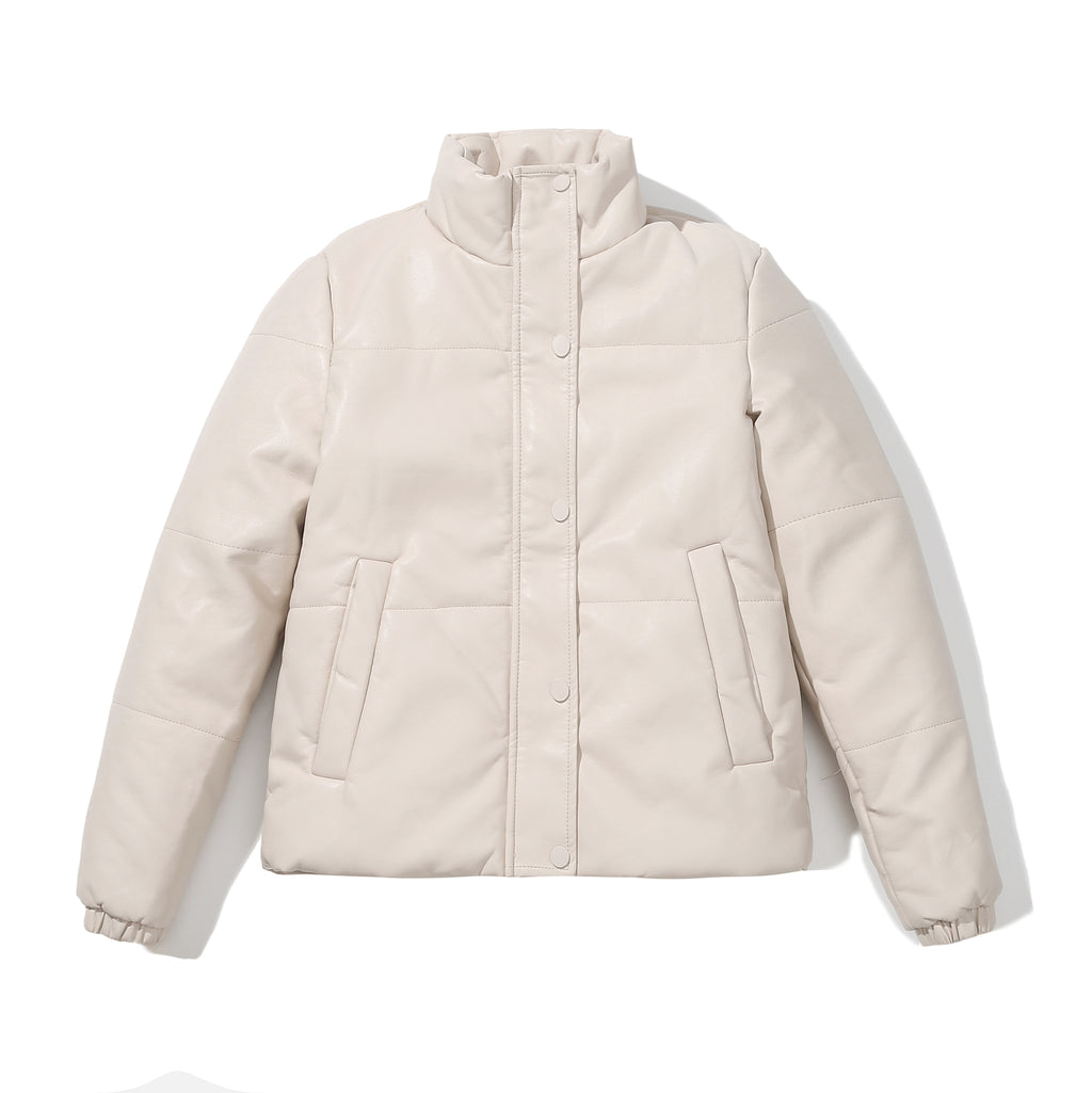 Faux Leather Stand Collar Puffer Jacket - Beige - 10