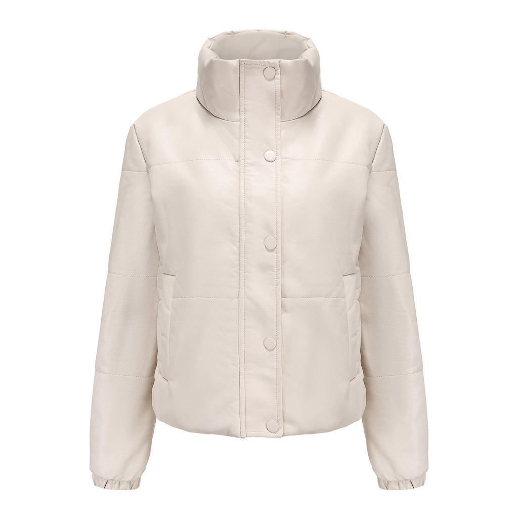 Faux Leather Stand Collar Puffer Jacket - Beige - 11