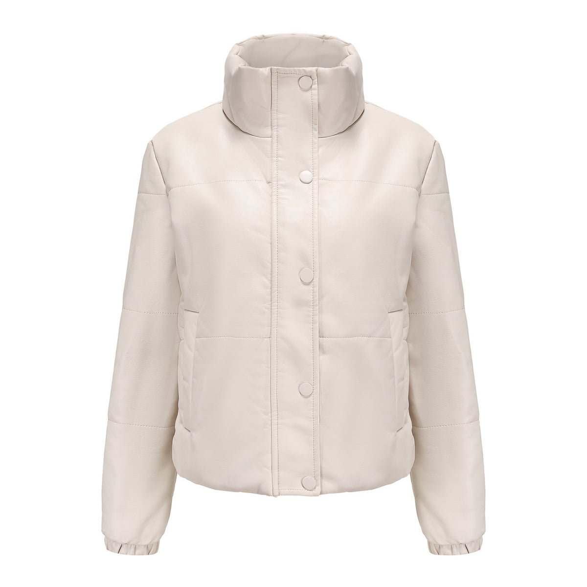 Faux Leather Stand Collar Puffer Jacket - Beige - 11