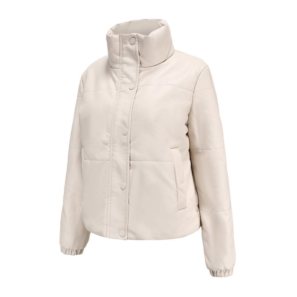 Faux Leather Stand Collar Puffer Jacket - Beige - 12