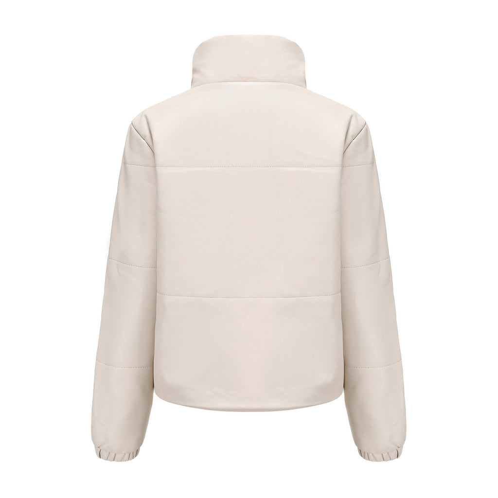 Faux Leather Stand Collar Puffer Jacket - Beige - 13
