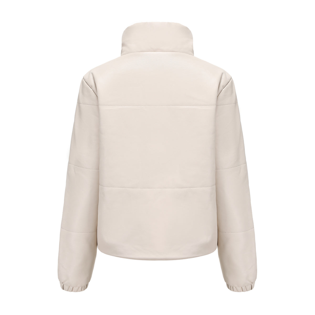 Faux Leather Stand Collar Puffer Jacket - Beige - 13