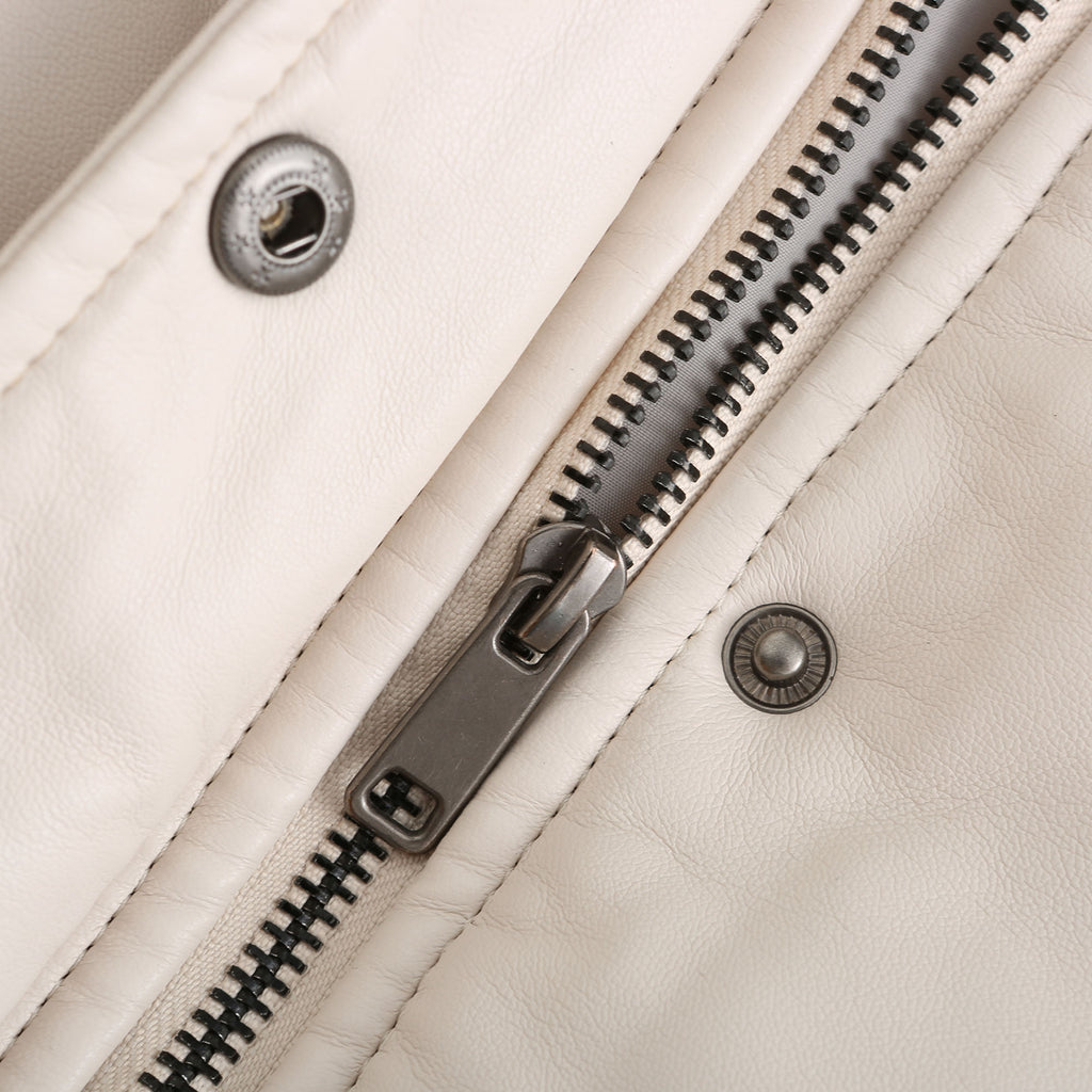 Faux Leather Stand Collar Puffer Jacket - Beige - 8
