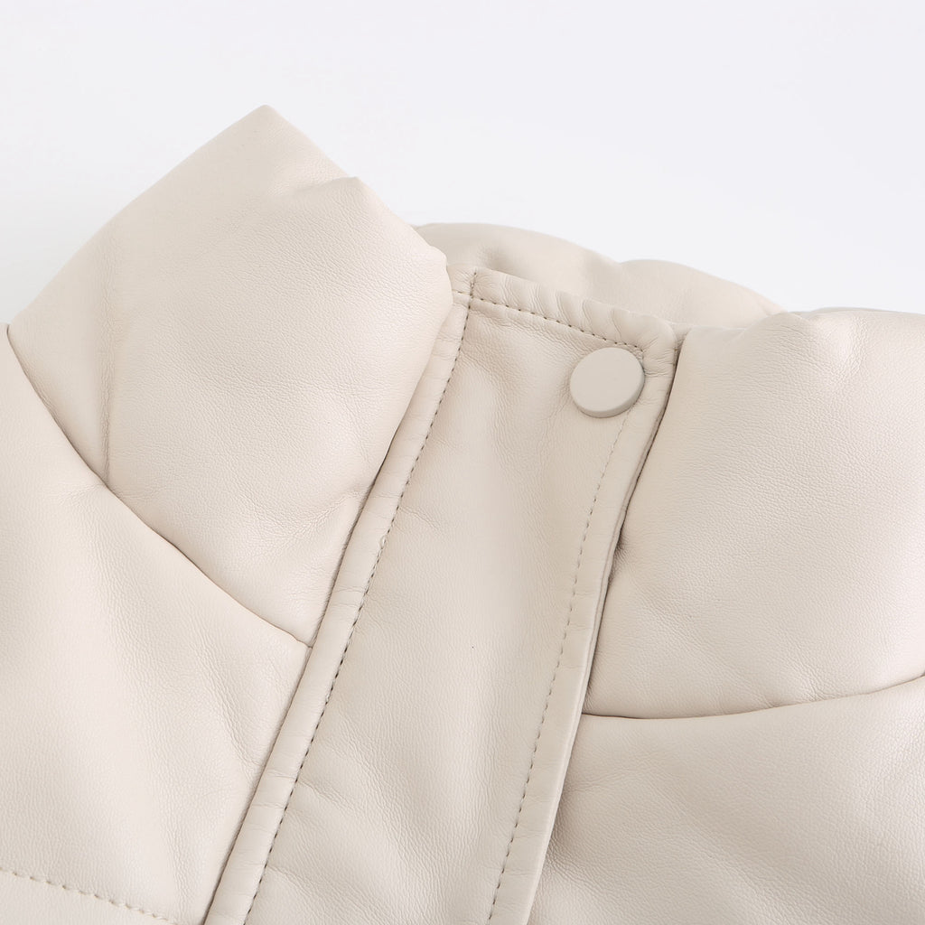 Faux Leather Stand Collar Puffer Jacket - Beige - 9