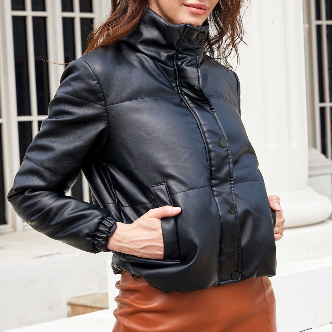 Faux Leather Stand Collar Puffer Jacket - Black - 14