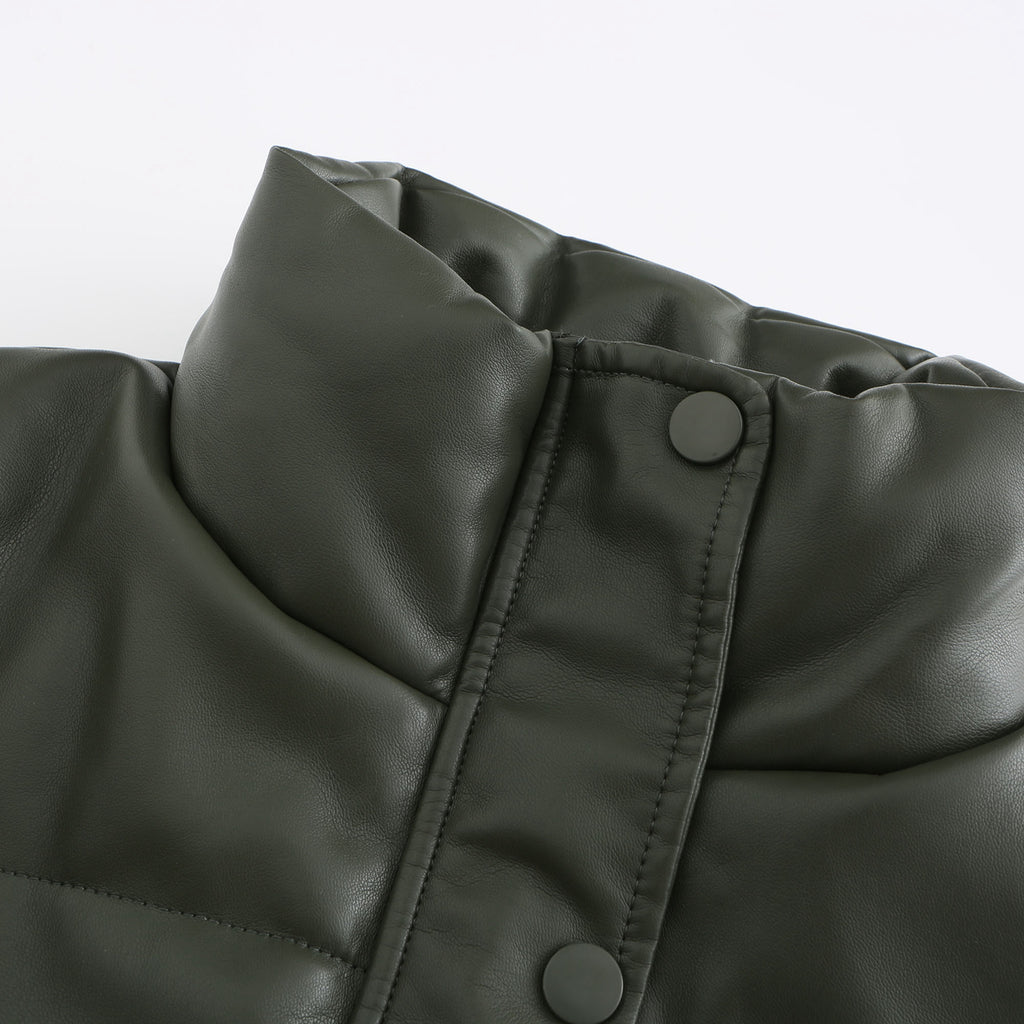 Faux Leather Stand Collar Puffer Jacket - Black - 4