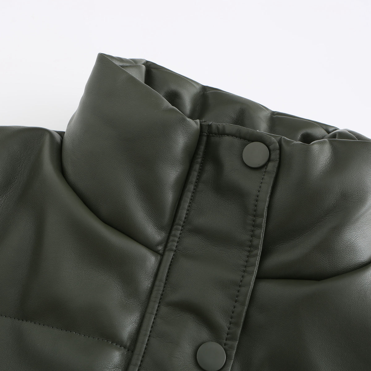 Faux Leather Stand Collar Puffer Jacket - Black - 4