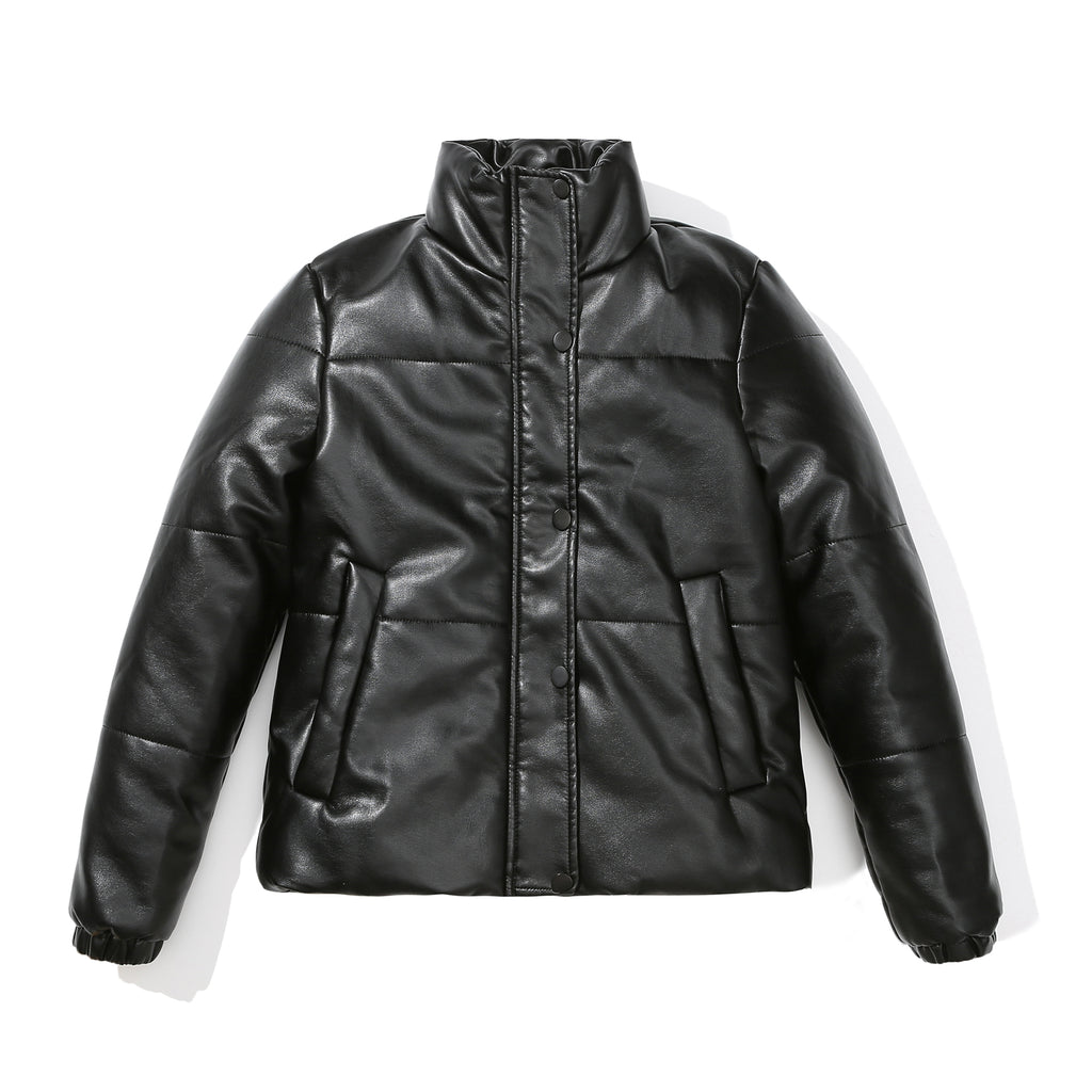 Faux Leather Stand Collar Puffer Jacket - Black - 5