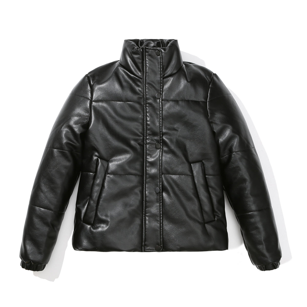 Faux Leather Stand Collar Puffer Jacket - Black - 5