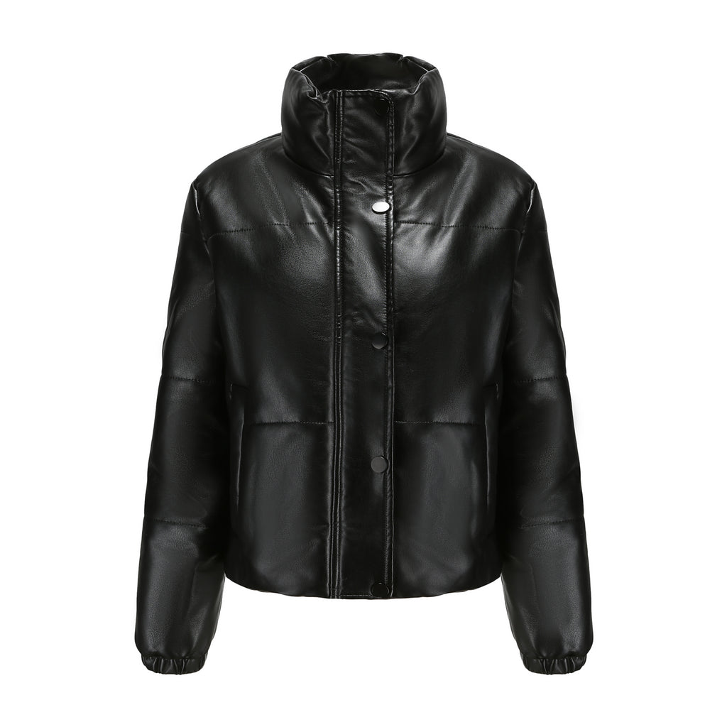 Faux Leather Stand Collar Puffer Jacket - Black - 6