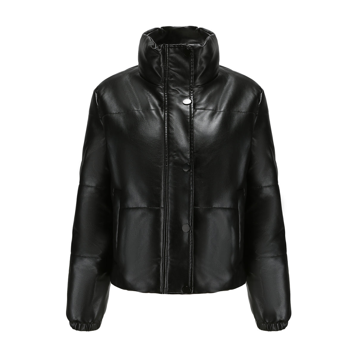 Faux Leather Stand Collar Puffer Jacket - Black - 6