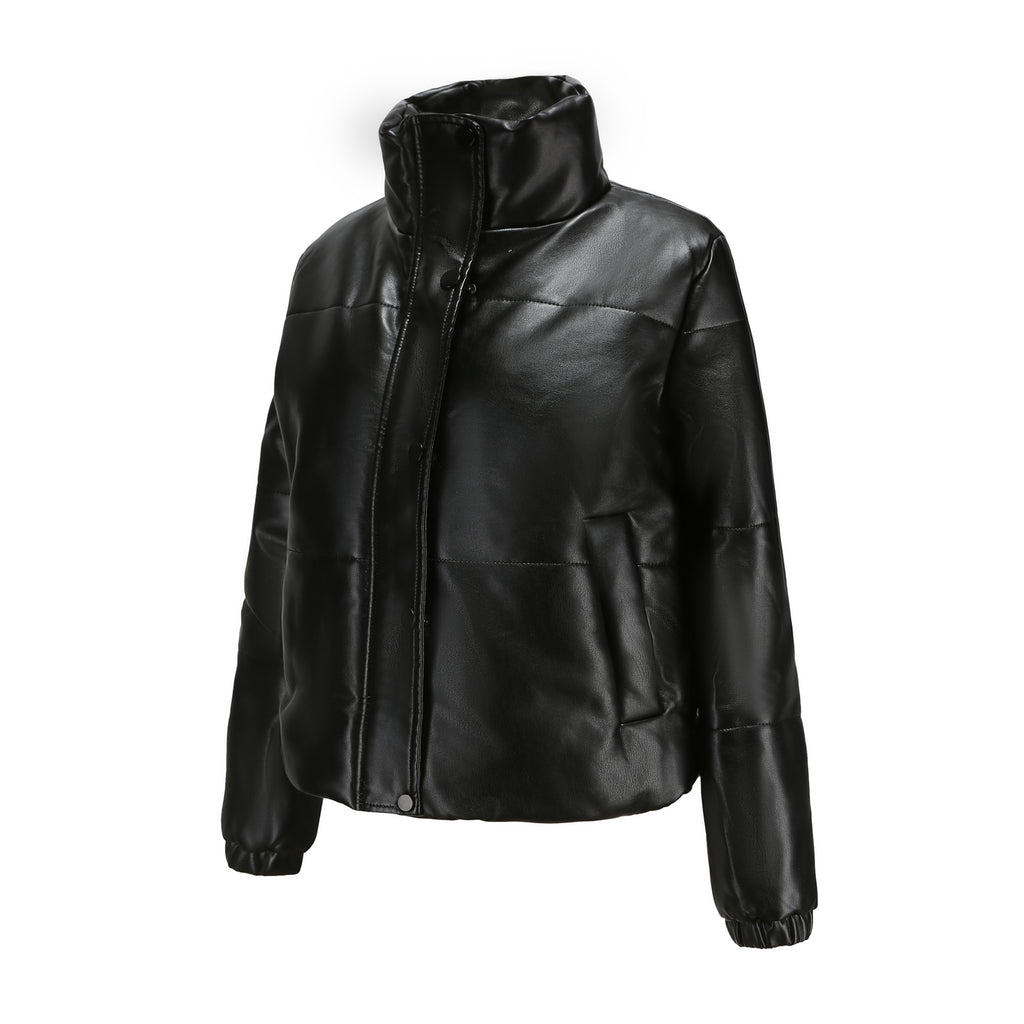 Faux Leather Stand Collar Puffer Jacket - Black - 7