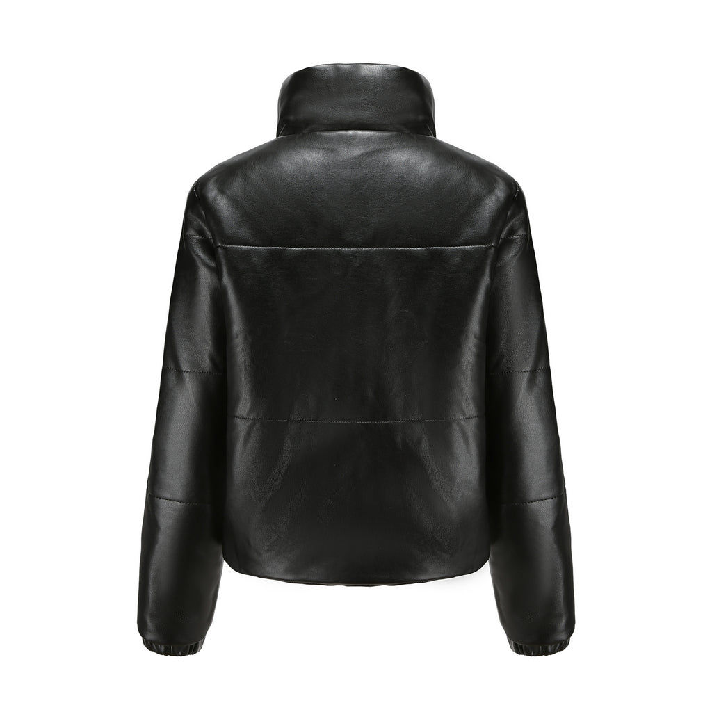 Faux Leather Stand Collar Puffer Jacket - Black - 8