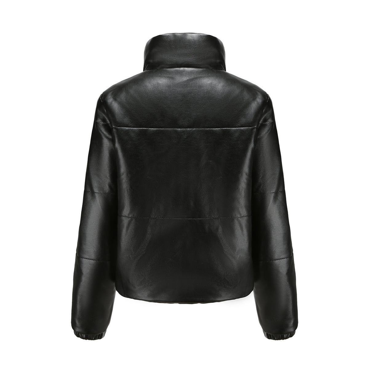 Faux Leather Stand Collar Puffer Jacket - Black - 8