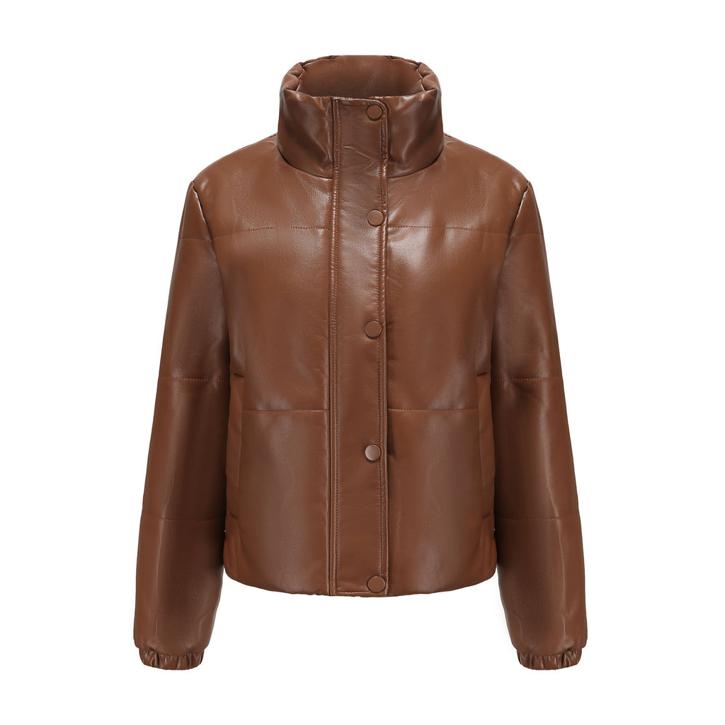 Faux Leather Stand Collar Puffer Jacket - Brown