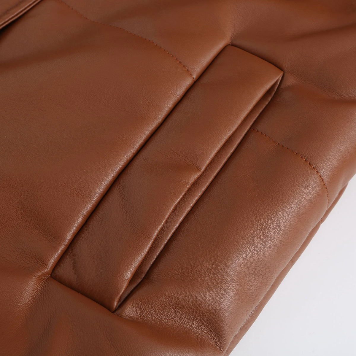 Faux Leather Stand Collar Puffer Jacket - Brown - 10
