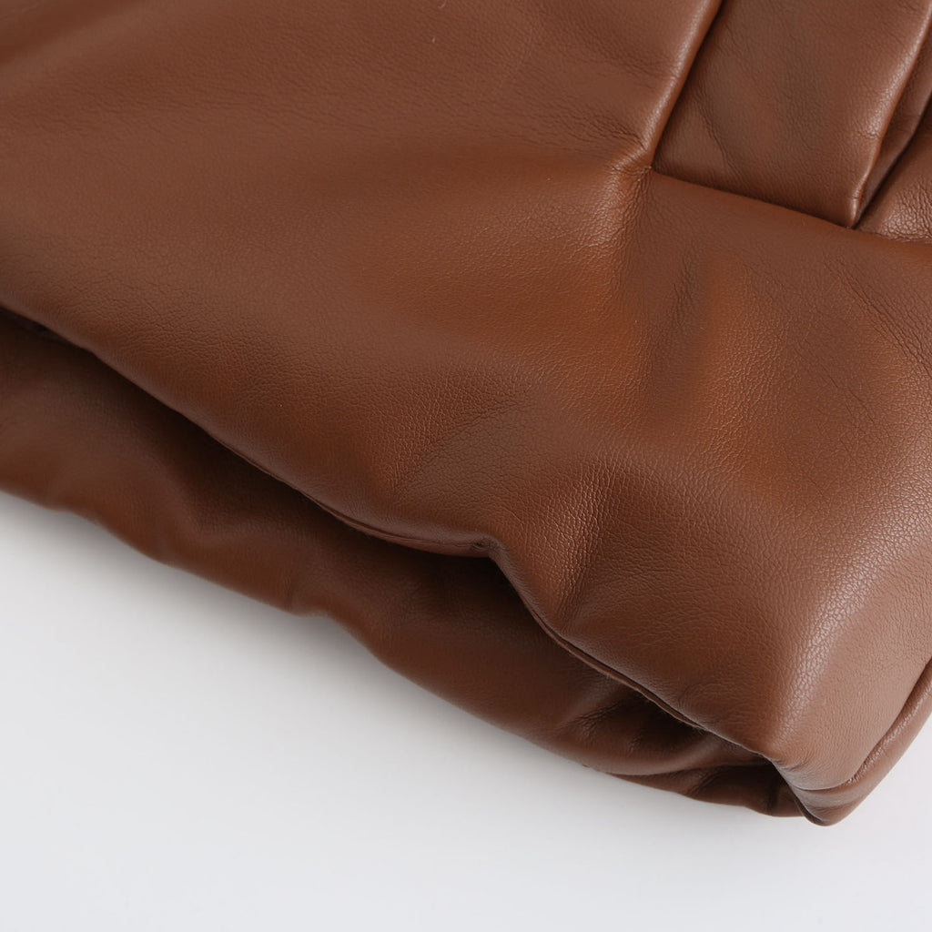 Faux Leather Stand Collar Puffer Jacket - Brown - 11