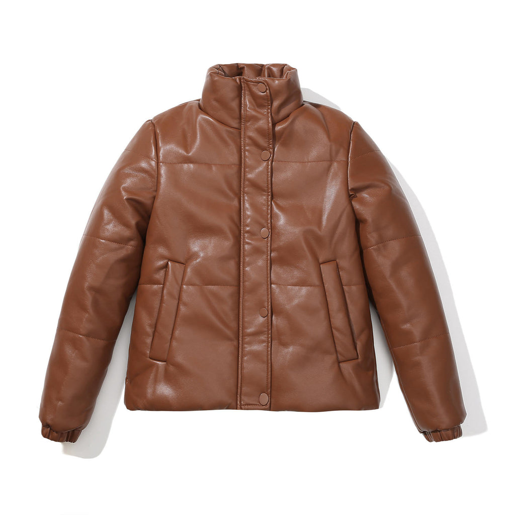 Faux Leather Stand Collar Puffer Jacket - Brown - 1