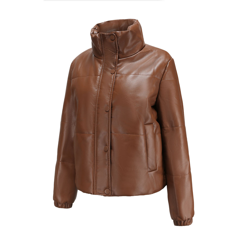 Faux Leather Stand Collar Puffer Jacket - Brown - 2