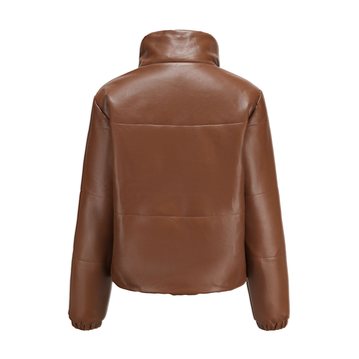 Faux Leather Stand Collar Puffer Jacket - Brown - 3