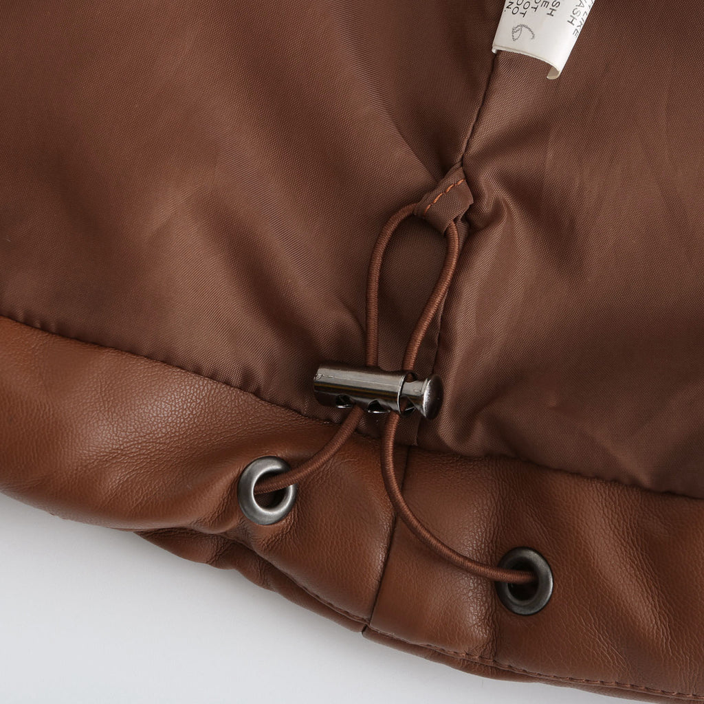 Faux Leather Stand Collar Puffer Jacket - Brown - 5