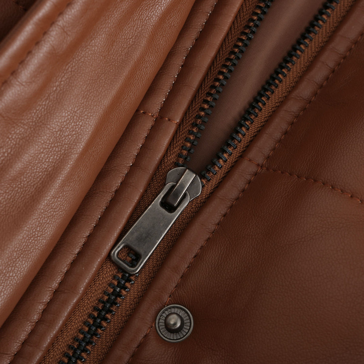 Faux Leather Stand Collar Puffer Jacket - Brown - 6