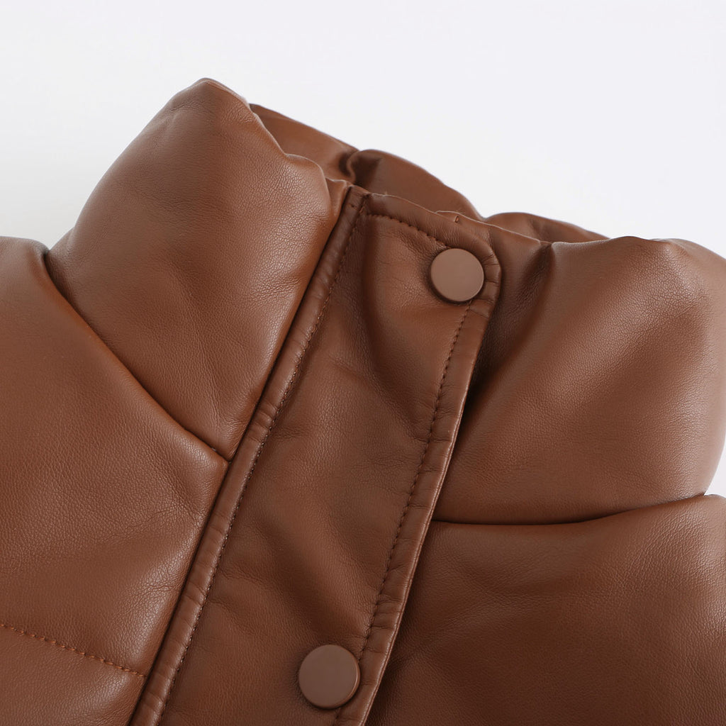 Faux Leather Stand Collar Puffer Jacket - Brown - 7