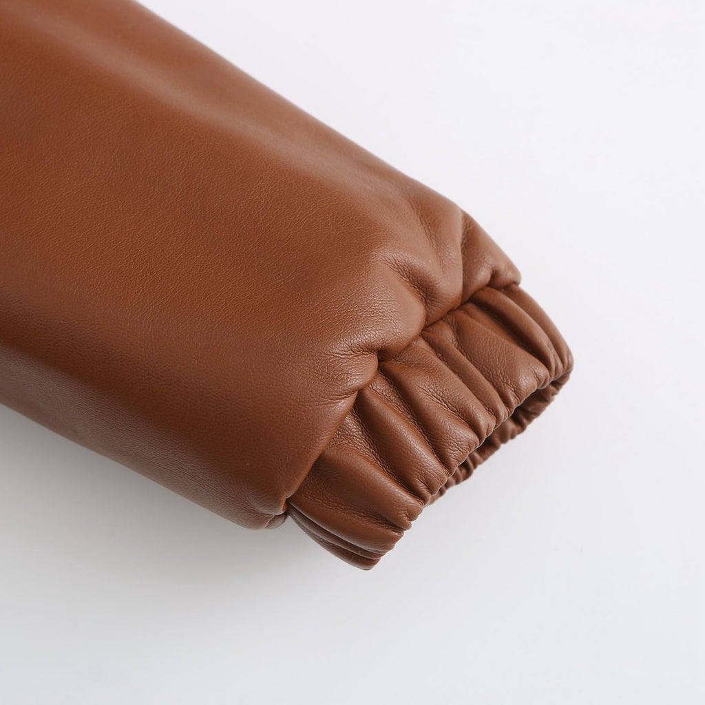 Faux Leather Stand Collar Puffer Jacket - Brown - 9